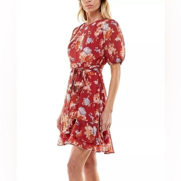B DARLIN Juniors' Pleated-Neck Puff-Sleeve Dress Brick Multi New 9/10 - Picture 3 of 15